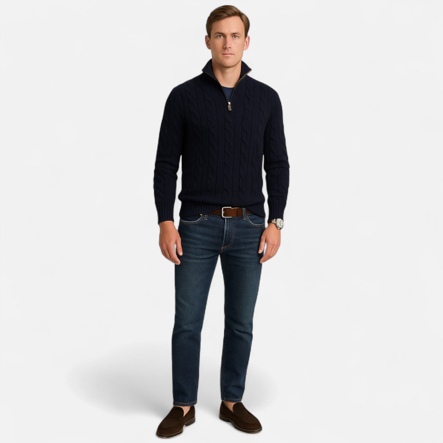 Velmonti Mode | Men’s Oxford Cable-Knit Half-Zip Jumper