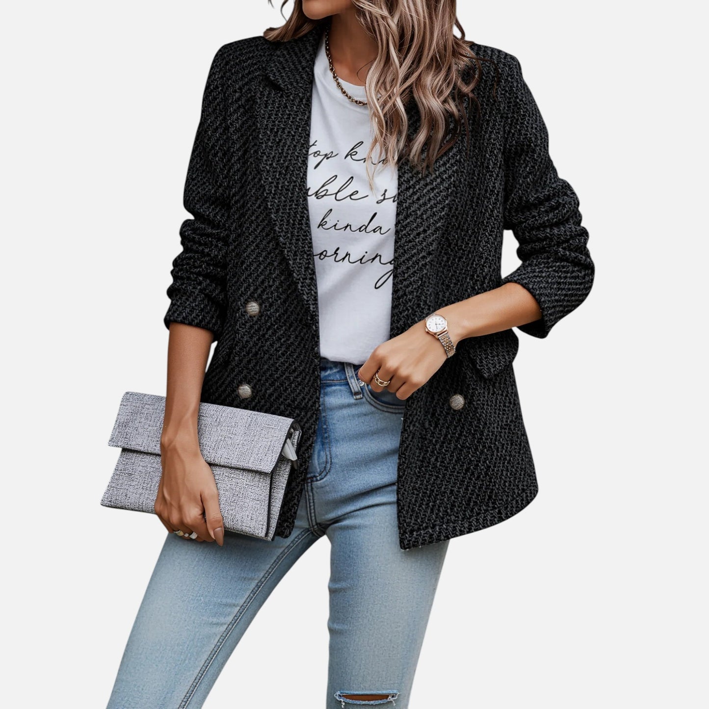 Velmonti Mode | Women’s Tailored Notched Lapel Tweed Jacket