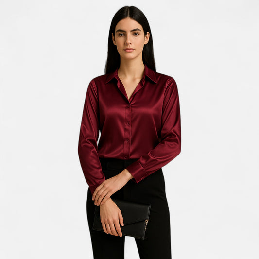 Velmonti Mode | Women’s Loose Fit Satin Long Sleeve Blouse